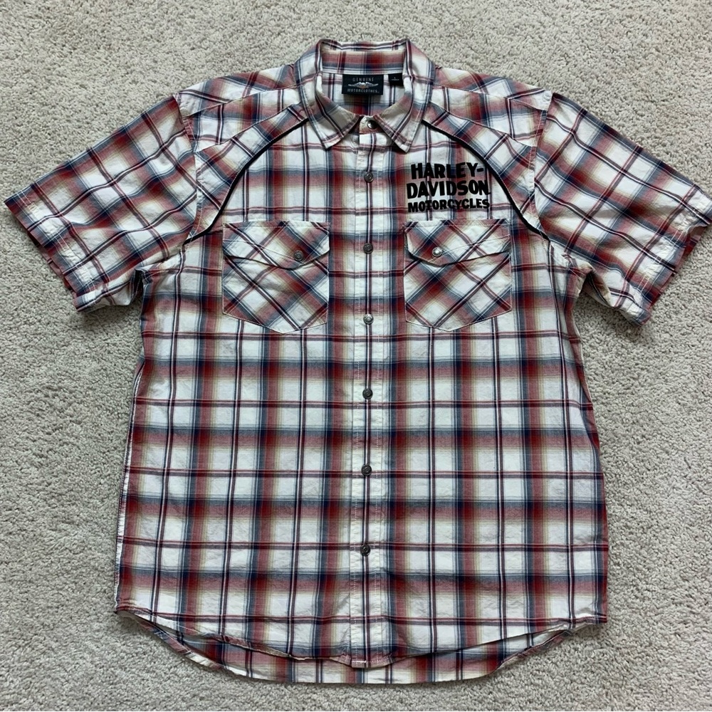 Men's HARLEY DAVIDSON Red Blue Black PLAID Short Sleeve BIKER Motorcycle SHIRT L